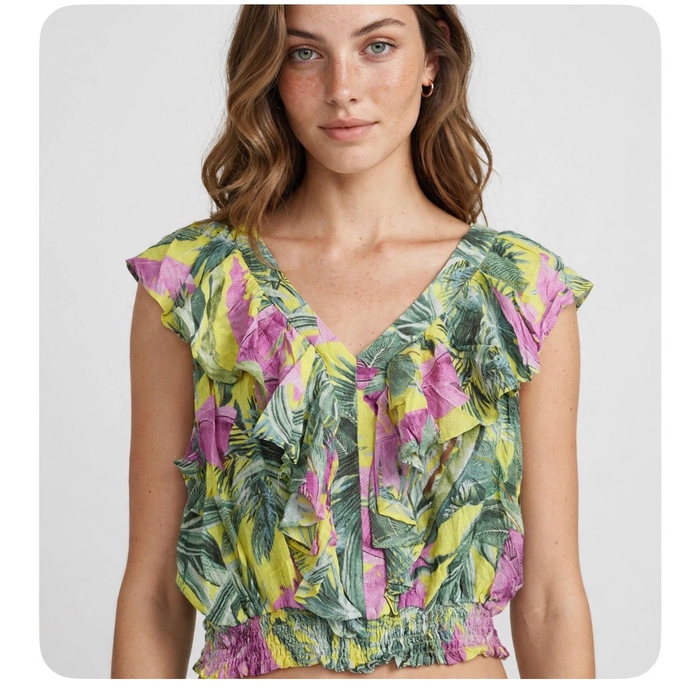 Cynthia Rowley Tropical Floral Ruffle V-Neck Smocked Top SZ L